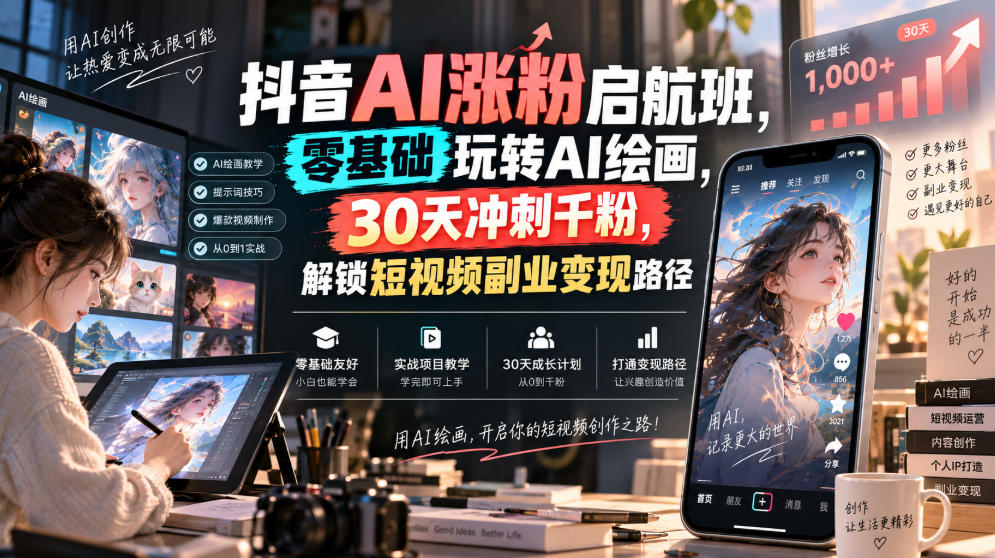 抖音AI涨粉启航班，零基础玩转AI绘画，30天冲刺千粉，解锁短视频副业变现路径-淘金日记