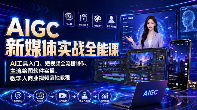 AIGC新媒体实战全能课｜AI工具入门、短视频全流程制作、主流绘图软件实操、数字人商业视频落地教程-淘金日记