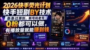 2026快手荧光计划,快手短剧搬运技术,条条过原创,新号和老号0粉都可以做,有播放量就能賺到钱-淘金日记