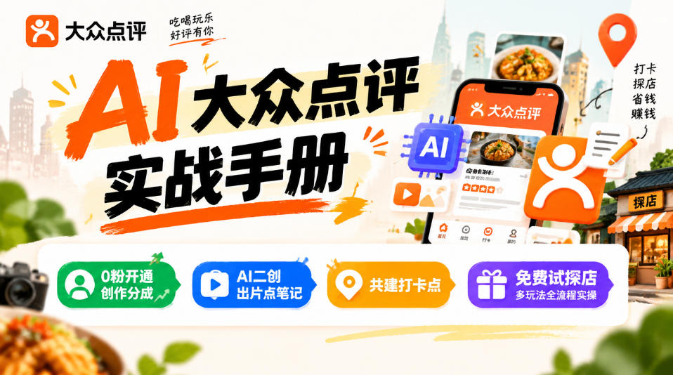 某局的AI大众点评实战手册，0粉开通创作分成、AI二创出片点笔记、共建打卡点、免费试探店多玩法全流程实操-淘金日记