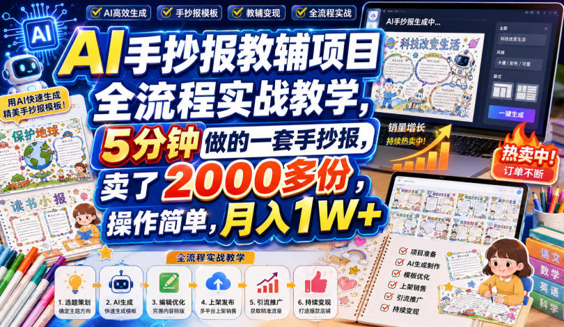 AI手抄报教辅项目全流程实战教学，5分钟做的一套手抄报，卖了2000多份，操作简单，月入1W+-淘金日记