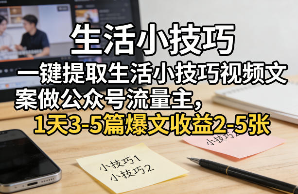 一键提取生活小技巧视频文案做公众号流量主，1天3-5篇爆文收益2-5张-淘金日记