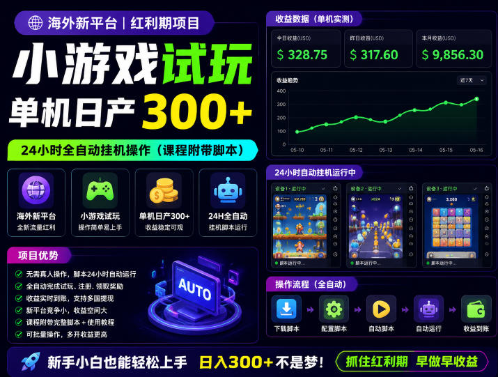 海外新平台，小游戏试玩，单机日产300+，24小时全自动挂G操作（课程附带脚本）【揭秘】-淘金日记