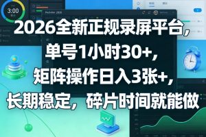 2026全新正规录屏平台,单号1小时30+,矩阵操作日入3张+,长期稳定,碎片时间就能做【揭秘】-淘金日记