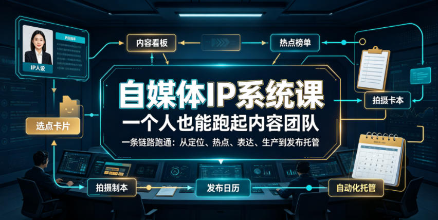 自媒体IP系统课，一个人也能跑起内容团队，一条链路跑通，从定位、热点、表达、生产到发布托管-淘金日记