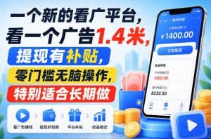一个新的看广平台，看一个广告1.4米，提现有补贴，零门槛无脑操作，特别适合长期做【揭秘】-淘金日记