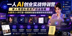 一人AI创业实战特训营,单人零团队轻资产创业指南,AI数字人+IP打造+短视频流量全套路落地变现教程-淘金日记