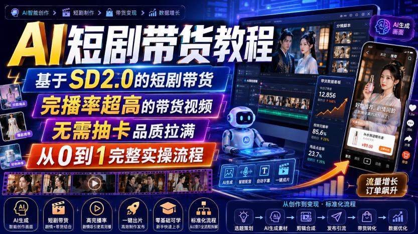 AI短剧带货教程，基于SD2.0的短剧带货，完播率超高的带货视频，无需抽卡品质拉满，从0到1完整实操流程-淘金日记