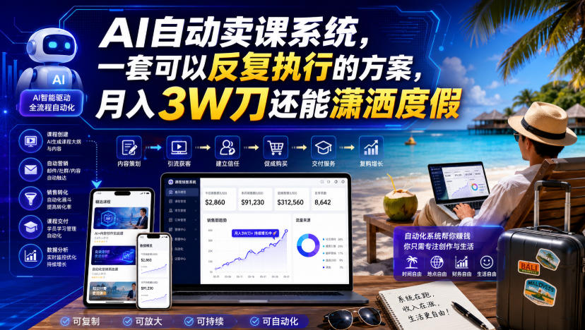 AI自动卖课系统，一套可以反复执行的方案，月入3W刀还能潇洒度假【原创双语字幕】-淘金日记