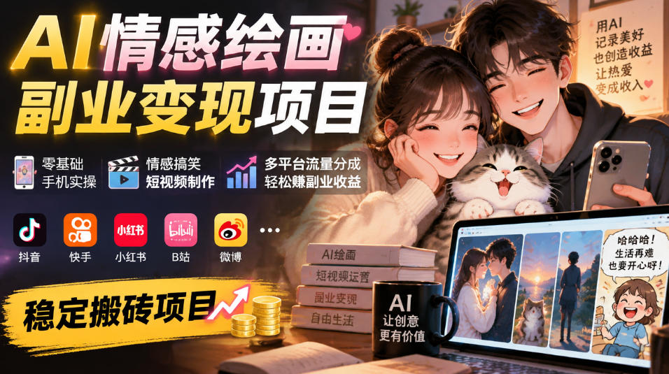 AI情感绘画副业变现项目｜零基础手机实操，情感搞笑短视频制作，多平台流量分成轻松賺副业收益-淘金日记