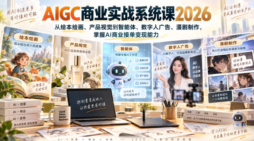 AIGC商业实战系统课2026，从绘本绘画、产品视觉到智能体、数字人广告、漫剧制作，掌握AI商业接单变现能力-淘金日记