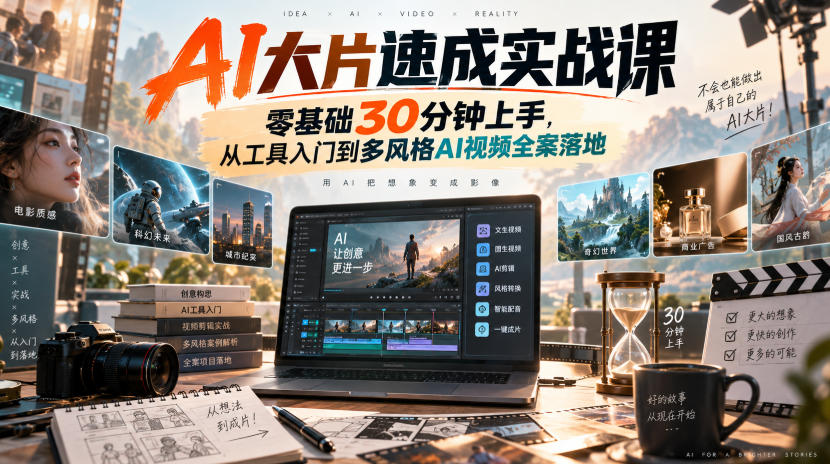 AI大片速成实战课｜零基础30分钟上手，从工具入门到多风格AI视频全案落地​-淘金日记