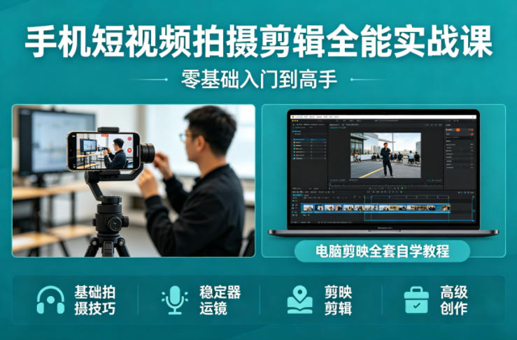 手机短视频拍摄剪辑全能实战课：零基础入门到高手，稳定器运镜+电脑剪映全套自学教程-淘金日记