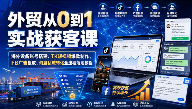 外贸从0到1实战获客课｜海外设备账号搭建、TK短视频爆款制作、FB广告投放、询盘私域转化全流程落地教程-淘金日记