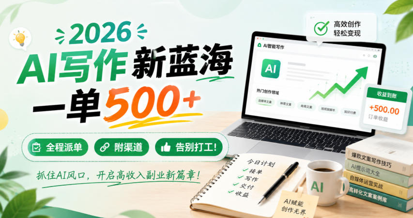 2026 AI写作新蓝海，一单500+，全程派单，附渠道，告别打工！【揭秘】-淘金日记