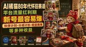 AI橘猫80年代怀旧赛道,平台流量红利期,新号最容易爆,伙伴计划-分成计划-收徒商单等多种收益-淘金日记