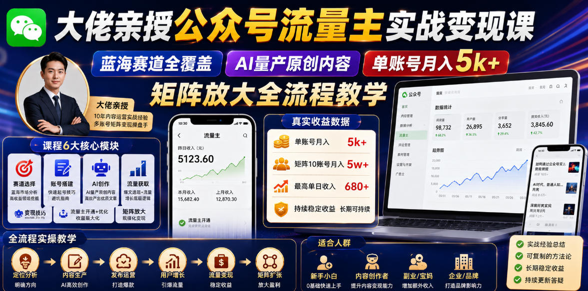 大佬亲授公众号流量主实战变现课，蓝海赛道全覆盖，AI量产原创内容，单账号月入5k+矩阵放大全流程教学-淘金日记