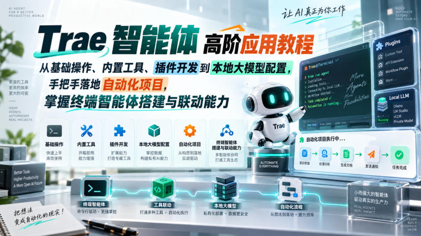 Trae智能体高阶应用教程，从基础操作、内置工具、插件开发到本地大模型配置，手把手落地自动化项目-淘金日记