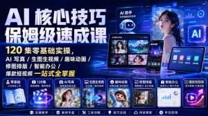 AI核心技巧保姆级速成课|120集零基础实操,AI写真/生图生视频/趣味动画/修图排版/智能办公/爆款短视频一站式全掌握(更新)-淘金日记