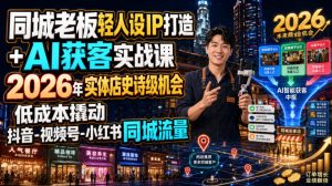 同城老板轻人设IP打造+AI获客实战课，2026年实体店史诗级机会，低成本撬动抖音-视频号-小红书同城流量-淘金日记