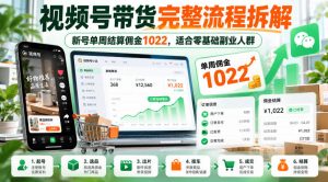视频号带货完整流程拆解,新号单周结算佣金1022,适合零基础副业人群-淘金日记