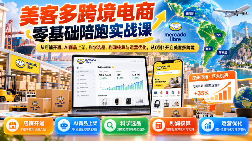 美客多跨境电商零基础陪跑实战课：从店铺开通、AI商品上架、科学选品、利润核算与运营优化，从0到1开启美客多跨境-淘金日记