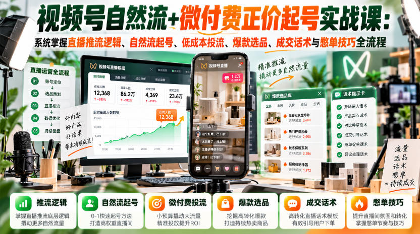 视频号自然流+微付费正价起号实战课：系统掌握直播推流逻辑、自然流起号、低成本投流、爆款选品、成交话术与憋单技巧全流程-淘金日记