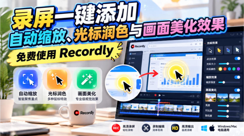 录屏一键添加自动缩放、光标润色与画面美化效果，免费使用Recordly-淘金日记