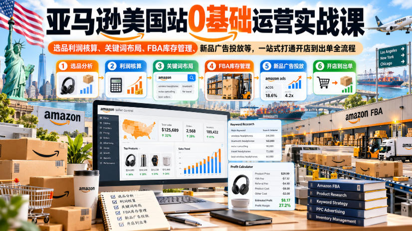亚马逊美国站0基础运营实战课｜选品利润核算、关键词布局、FBA库存管理、新品广告投放等，一站式打通开店到出单全流程-淘金日记