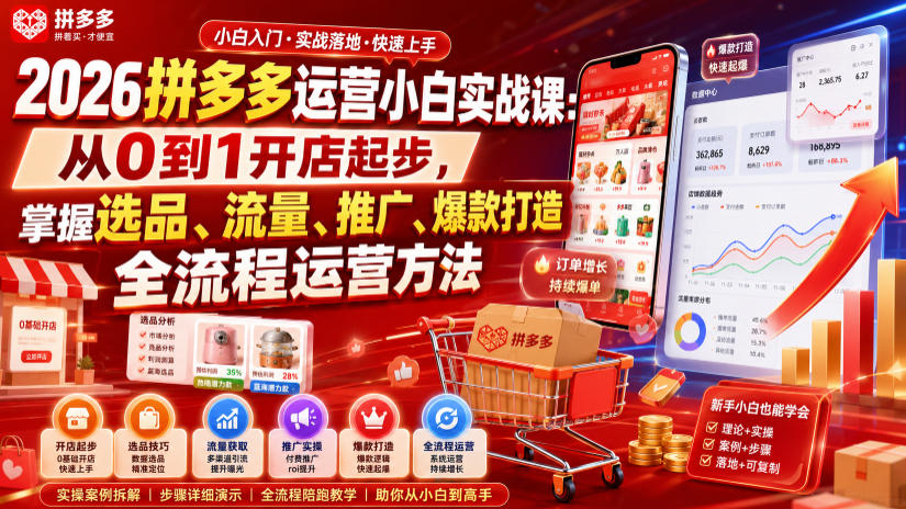2026拼多多运营小白实战课：从0到1开店起步，掌握选品、流量、推广、爆款打造全流程运营方法-淘金日记