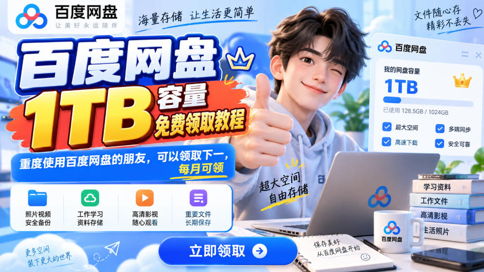 百度网盘1TB容量免费领取教程，重度使用百度网盘的朋友，可以领取下一，每月可领-淘金日记