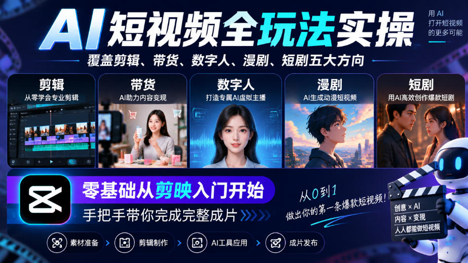 AI短视频全玩法实操，覆盖剪辑、带货、数字人、漫剧、短剧五大方向，零基础从剪映入门开始，手把手带你完成完整成片-淘金日记