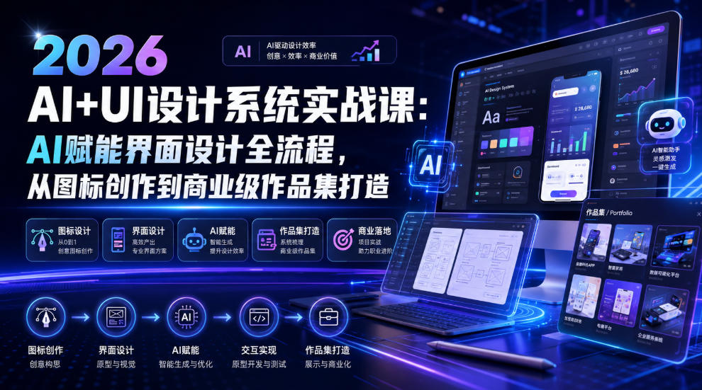 2026 AI+UI设计系统实战课：AI赋能界面设计全流程，从图标创作到商业级作品集打造-淘金日记