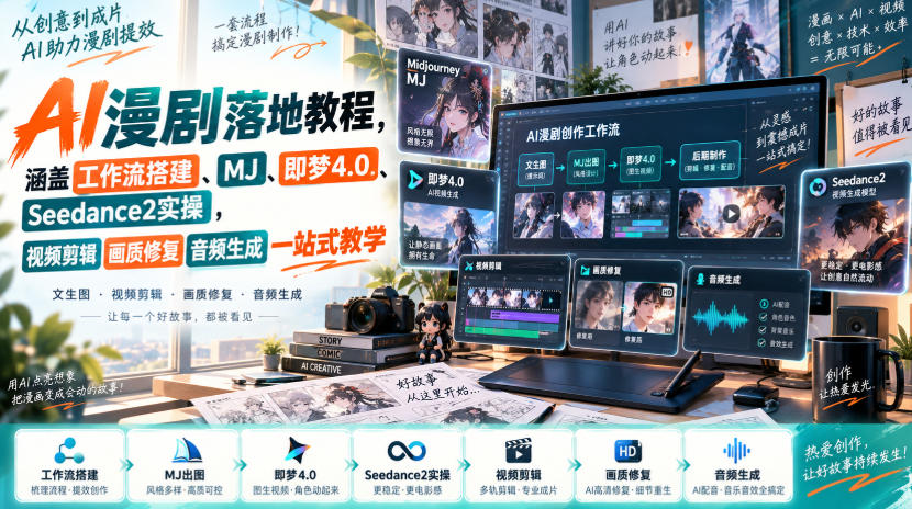 AI漫剧落地教程，涵盖工作流搭建、MJ、即梦4.0、Seedance2实操，视频剪辑画质修复音频生成一站式教学-淘金日记