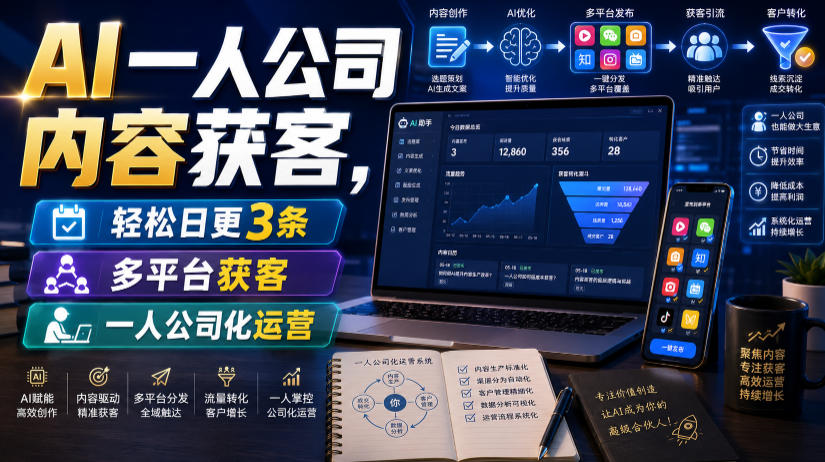 AI一人公司内容获客，轻松日更3条，多平台获客，一人公司化运营（更新）-淘金日记