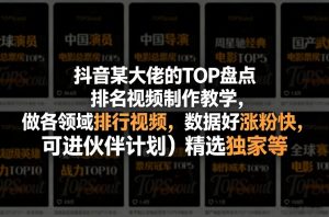 抖音某大佬的TOP盘点排名视频制作,做各领域排行视频,数据好涨粉快,可进伙伴计划+精选独家等-淘金日记