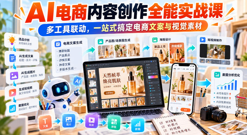 【无水印】AI电商内容创作全能实战课｜多工具联动，一站式搞定电商文案与视觉素材-淘金日记