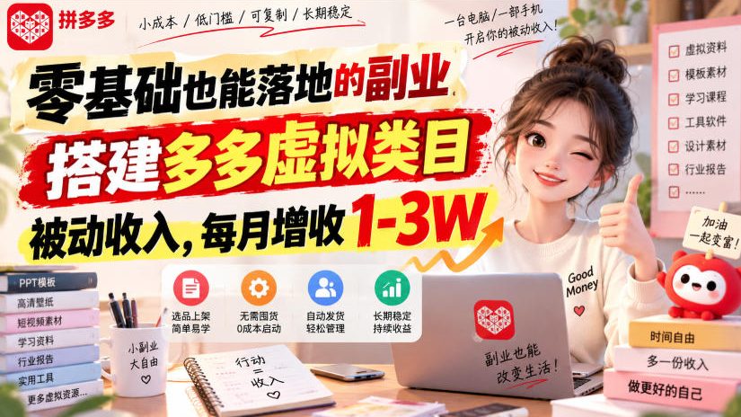 零基础也能落地的副业，搭建多多虚拟类目被动收入，每月增收1-3W【揭秘】-淘金日记