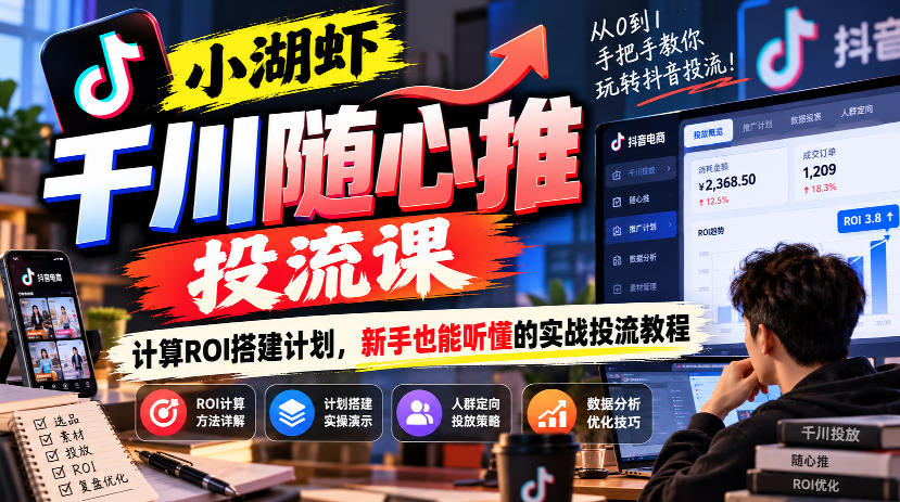 小湖虾千川随心推投流课，计算ROI搭建计划，新手也能听懂的实战投流教程-淘金日记