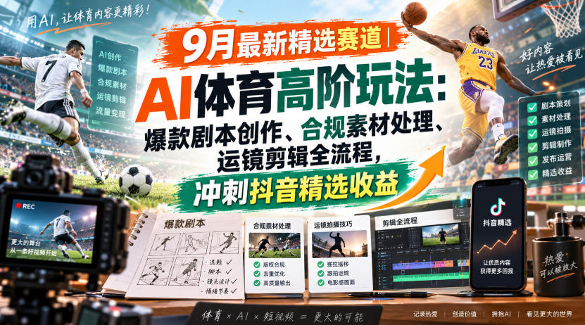 某大佬的9月最新精选赛道之AI体育顶级玩法，爆款剧本创作、版权规避、运镜剪辑全流程，稳拿抖音精选收益-淘金日记