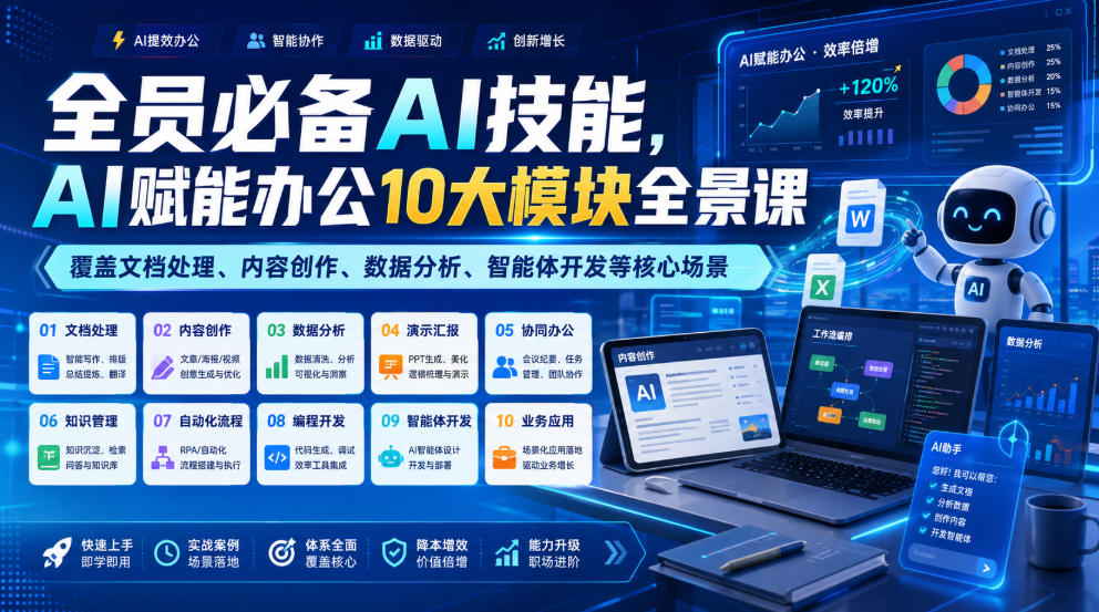 全员必备AI技能，AI赋能办公10大模块全景课，覆盖文档处理、内容创作、数据分析、智能体开发等核心场景-淘金日记
