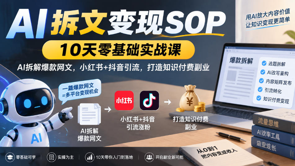 AI拆文变现SOP｜10天零基础实战课，AI拆解爆款网文，小红书+抖音引流，打造知识付费副业-淘金日记