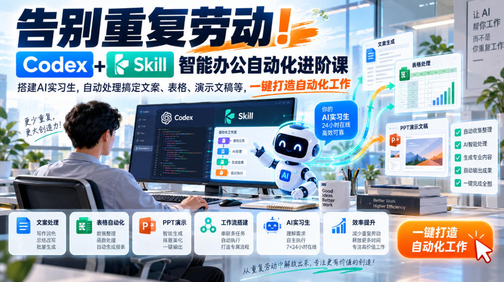告别重复劳动！Codex+Skill智能办公自动化进阶课｜搭建AI实习生，自动处理搞定文案、表格、演示文稿等，一键打造自动化工作-淘金日记
