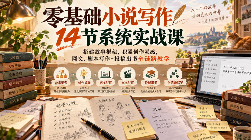 零基础小说写作14节系统实战课，搭建故事框架，积累创作灵感，网文、剧本写作+投稿出书全链路教学-淘金日记