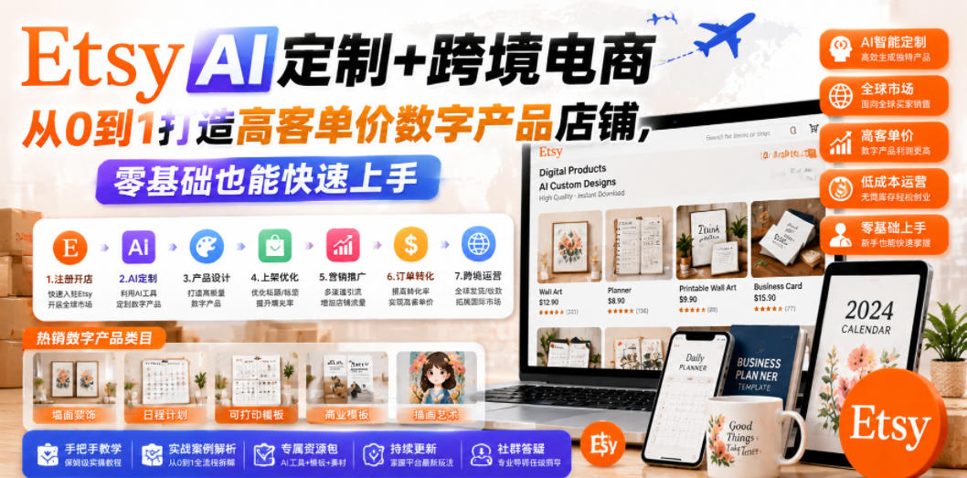 Etsy AI定制+跨境电商，从0到1打造高客单价数字产品店铺，零基础也能快速上手-淘金日记