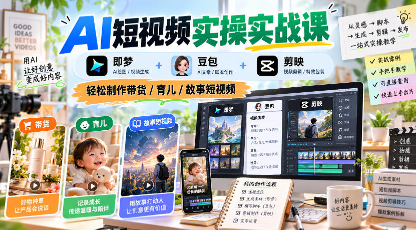 AI短视频实操实战课，即梦+豆包+剪映，轻松制作带货/育儿/故事短视频-淘金日记