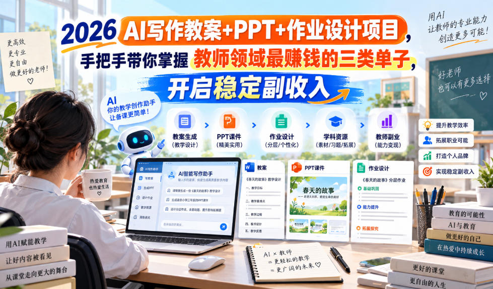 2026 AI写作教案+PPT+作业设计项目，手把手带你掌握教师领域最賺钱的三类单子，开启稳定副收入-淘金日记