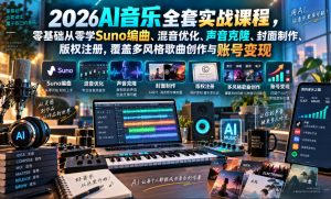2026AI音乐实战课程,零基础从零学Suno编曲、混音优化、声音克隆、版权注册,覆盖多风格歌曲创作与账号变现-淘金日记