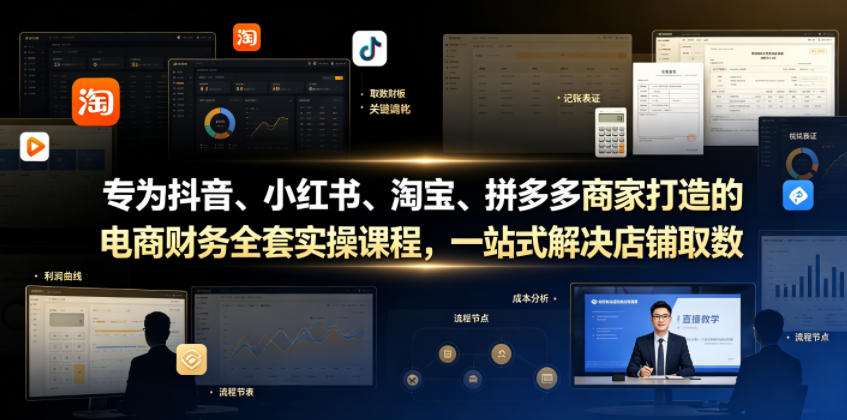 专为抖音、小红书、淘宝、拼多多商家打造的电商财务全套实操课程，一站式解决店铺取数、记账、报税全流程难题-淘金日记