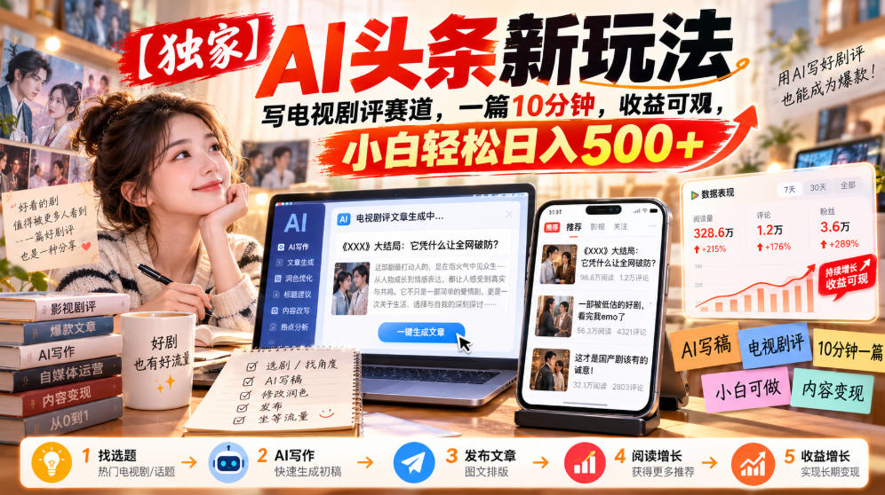 【独家】AI头条新玩法，写电视剧评赛道，一篇10分钟，收益可观，小白轻松日入500+-淘金日记